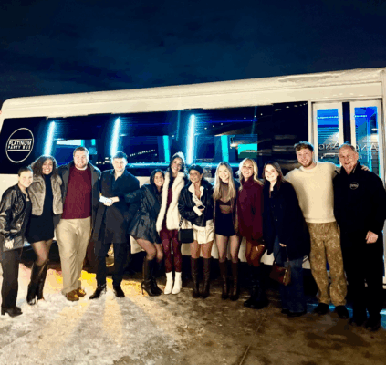 group of people after their concert at blossom music center with platinum party bus.